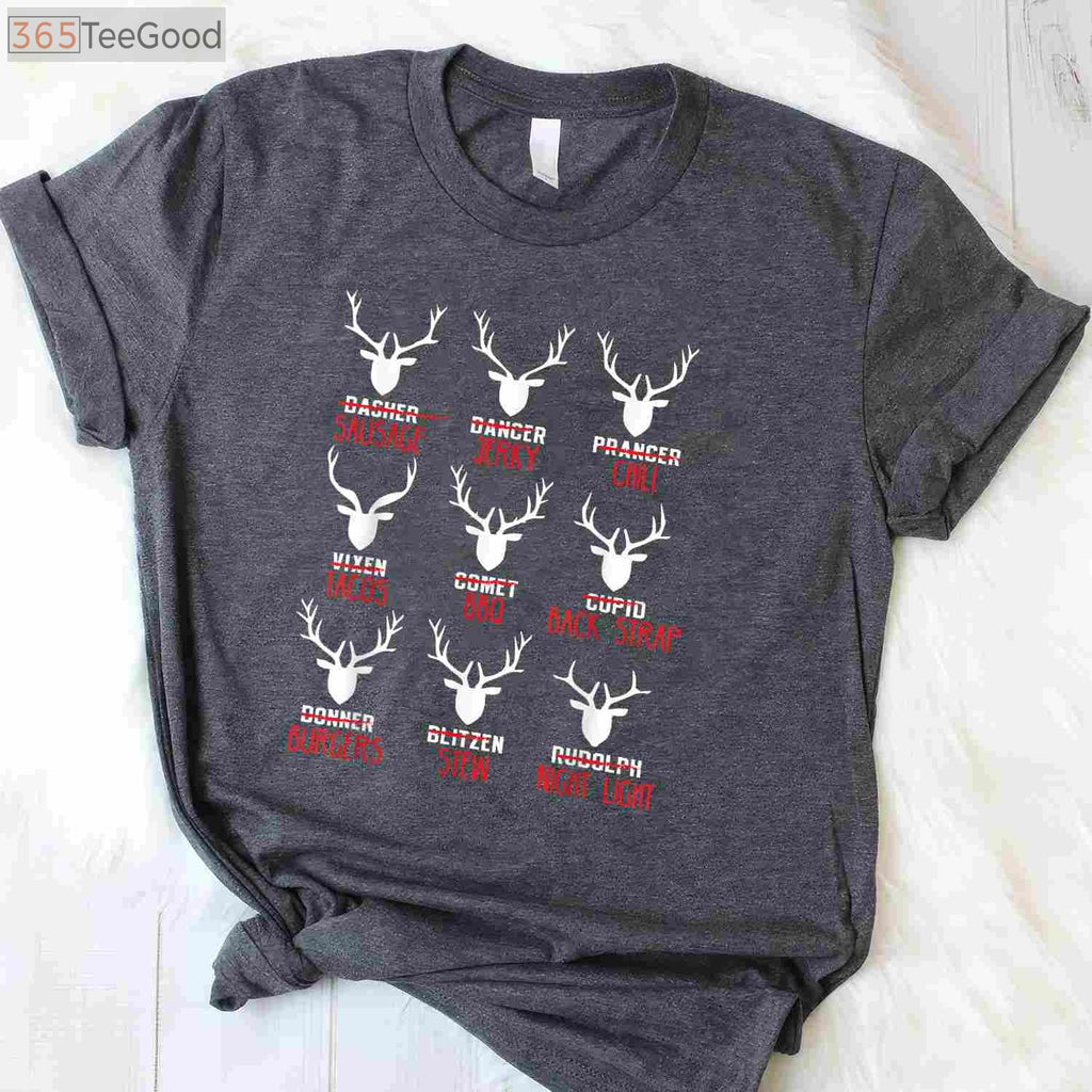 Funny Christmas Deer Hunting Shirt, Santa’s Reindeer List Holiday Hunter Tee