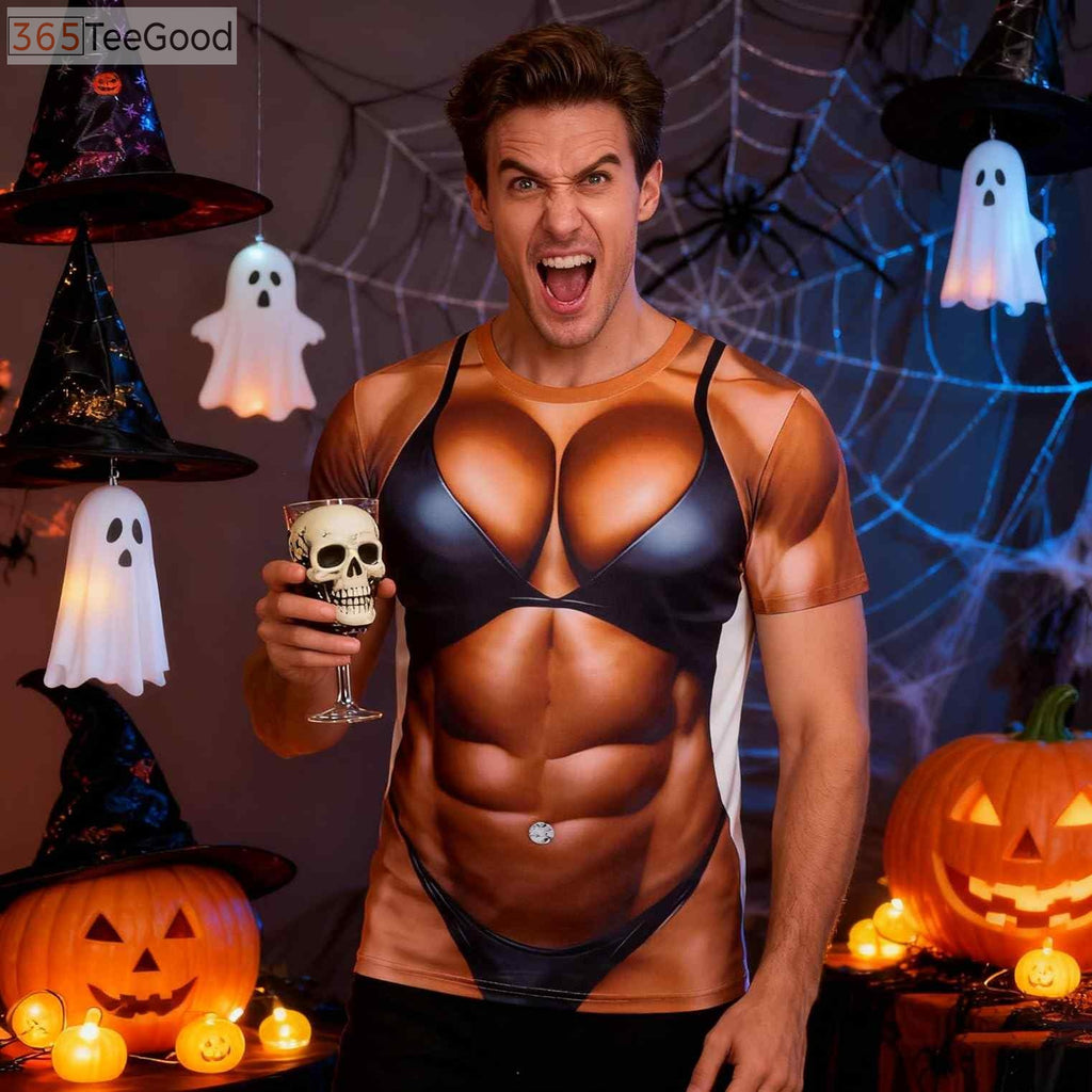 Funny Hairy Chest Illusion 3D Shirt for Men – Novelty Graphic Short Sleeve Crewneck Tee