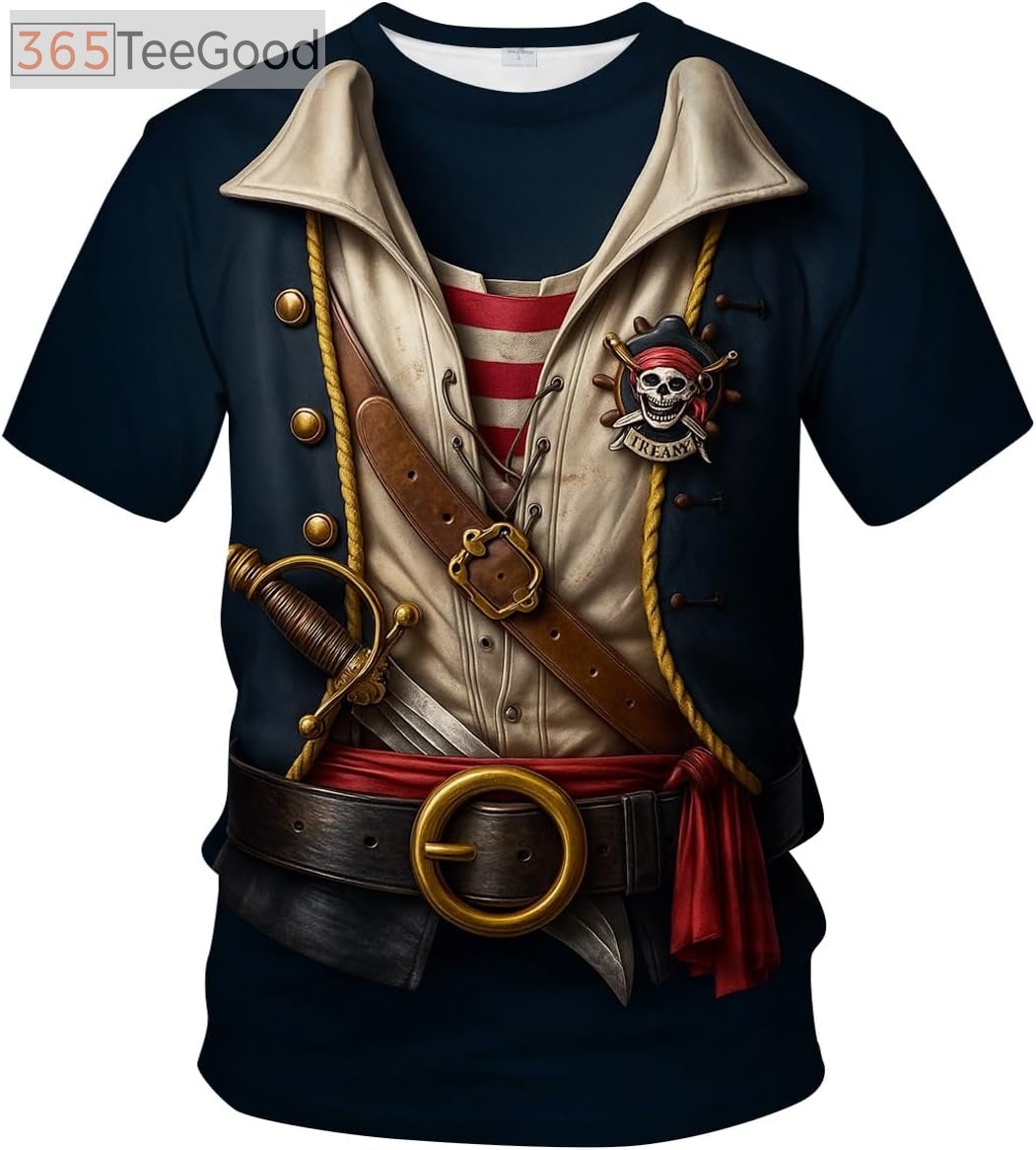 Funny Pirate Costume 3D Shirt – Pirate Graphic Novelty Short Sleeve Crewneck T-Shirt