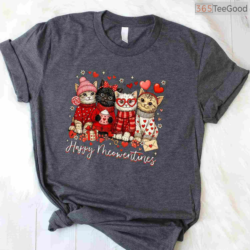 Happy Meowentines Cute Cat Mom T-Shirt, Adorable Kitten Lover Valentine Gift Tee for Girls Kids