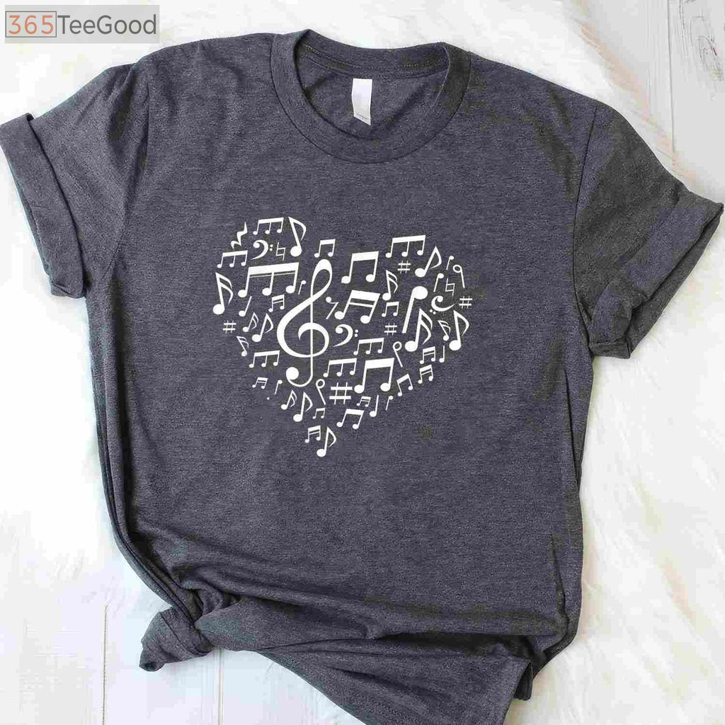 Heart Shape Musical Notes T-Shirt - Romantic Music Lover Valentine’s Day Gift