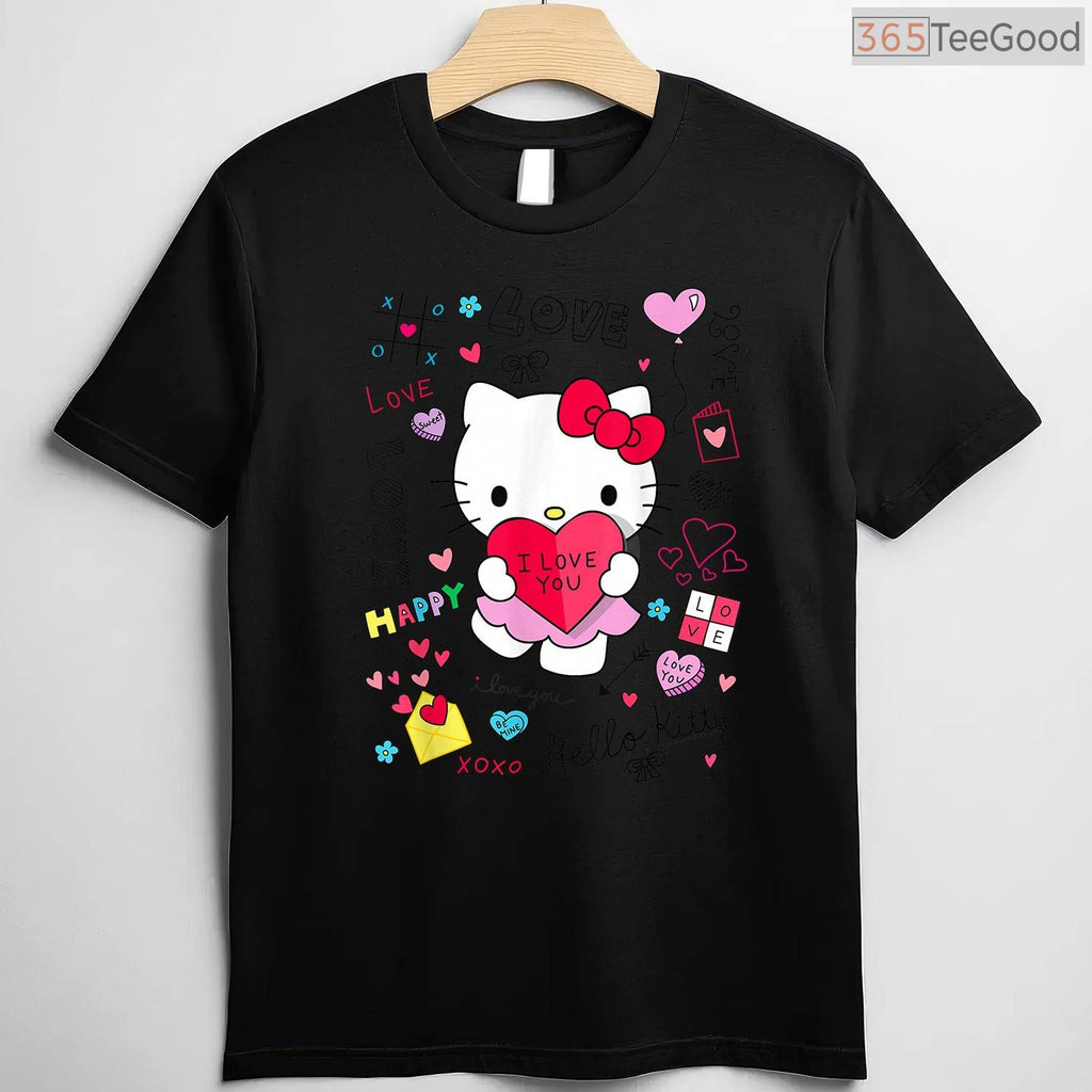 Hello Kitty Love Notes Valentine T-Shirt, Sanrio Character Cute Heart Graphic Tee for Girls Women