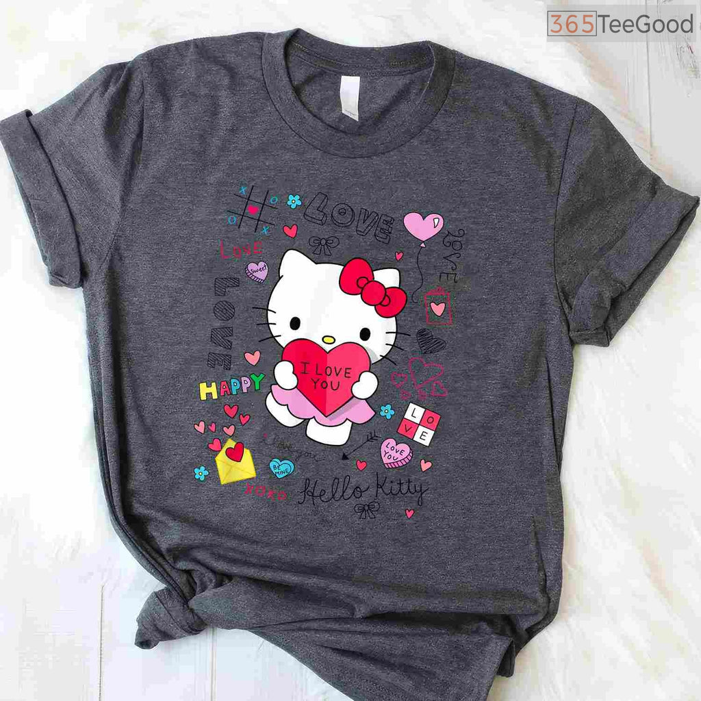 Hello Kitty Love Notes Valentine T-Shirt, Sanrio Character Cute Heart Graphic Tee for Girls Women