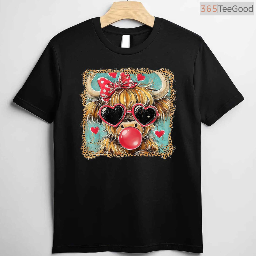Highland Cow Valentine Coquette T-Shirt, Farm Animal Leopard Print Bow Heart Shirt for Country Girl