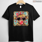 Highland Cow Valentine Coquette T-Shirt, Farm Animal Leopard Print Bow Heart Shirt for Country Girl