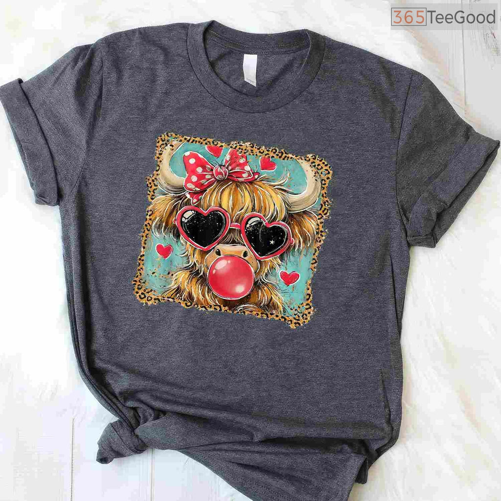 Highland Cow Valentine Coquette T-Shirt, Farm Animal Leopard Print Bow Heart Shirt for Country Girl