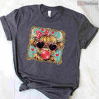Highland Cow Valentine Coquette T-Shirt, Farm Animal Leopard Print Bow Heart Shirt for Country Girl