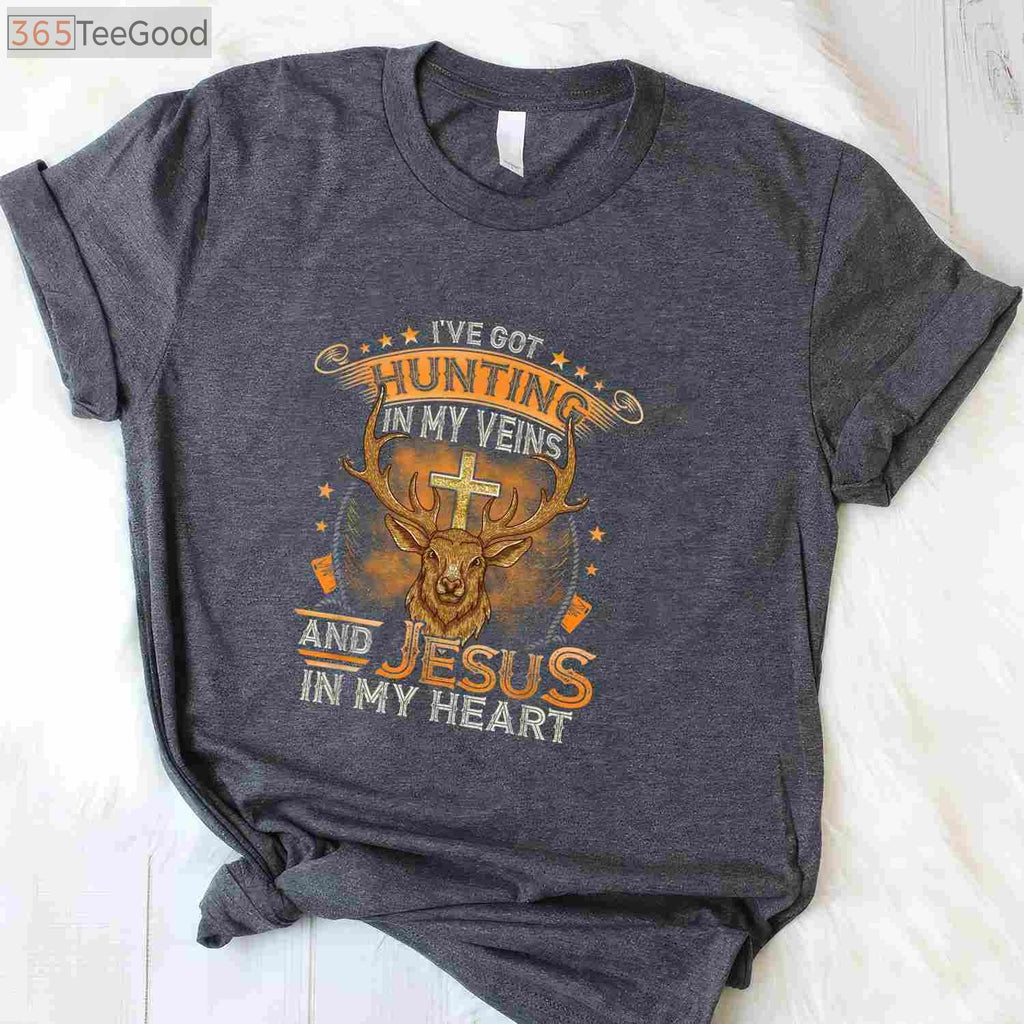 Hunting In My Veins Jesus In My Heart Shirt, Christian Hunter Long Sleeve Tee