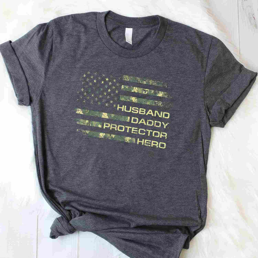 Husband Daddy Protector Hero Fathers Day Camo American Flag T-Shirt Tee Gift