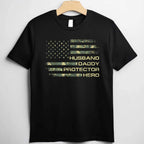 Husband Daddy Protector Hero Fathers Day Camo American Flag T-Shirt Tee Gift