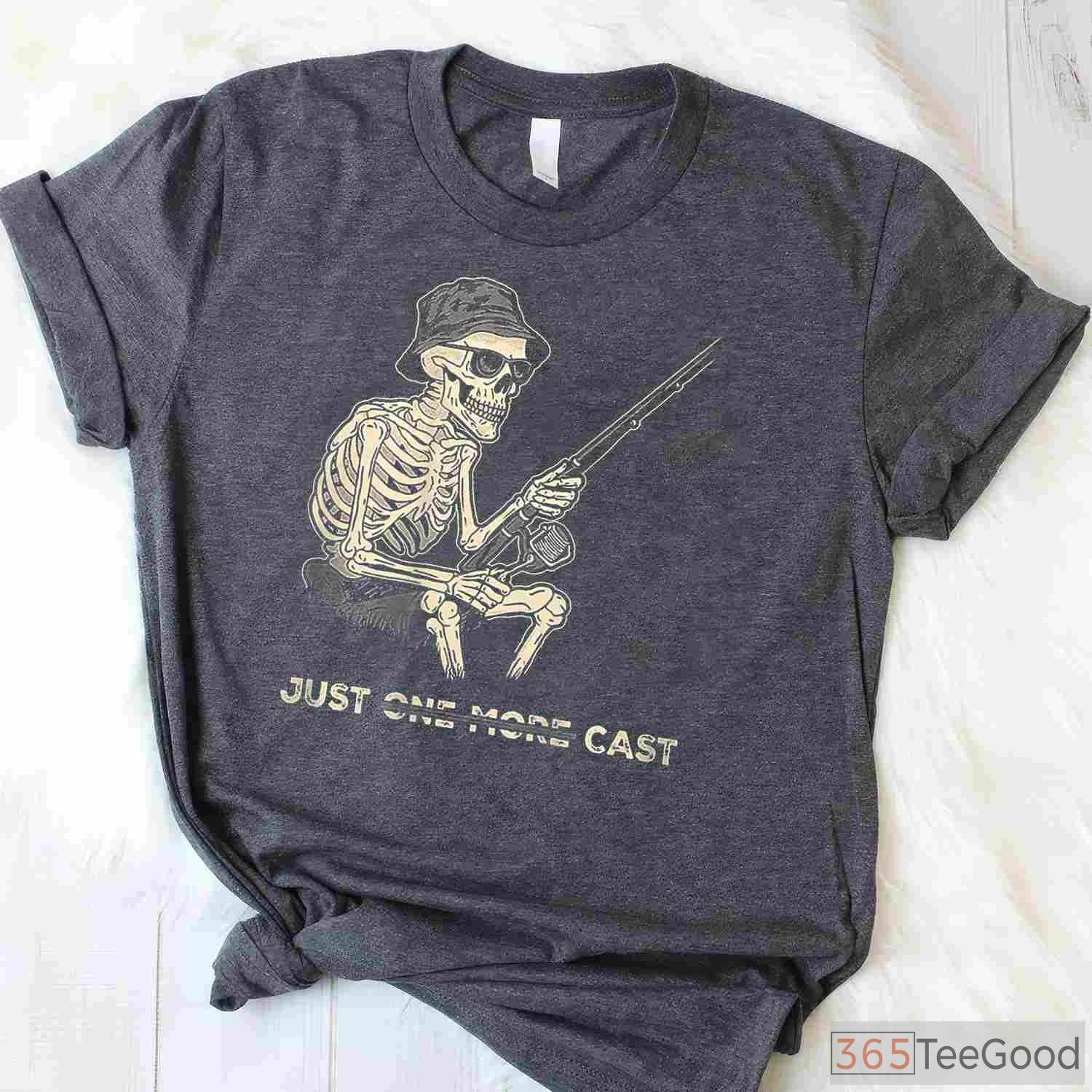 Just One More Cast Skeleton Fishing Shirt - Gritty Bass Angler Graphic Tee