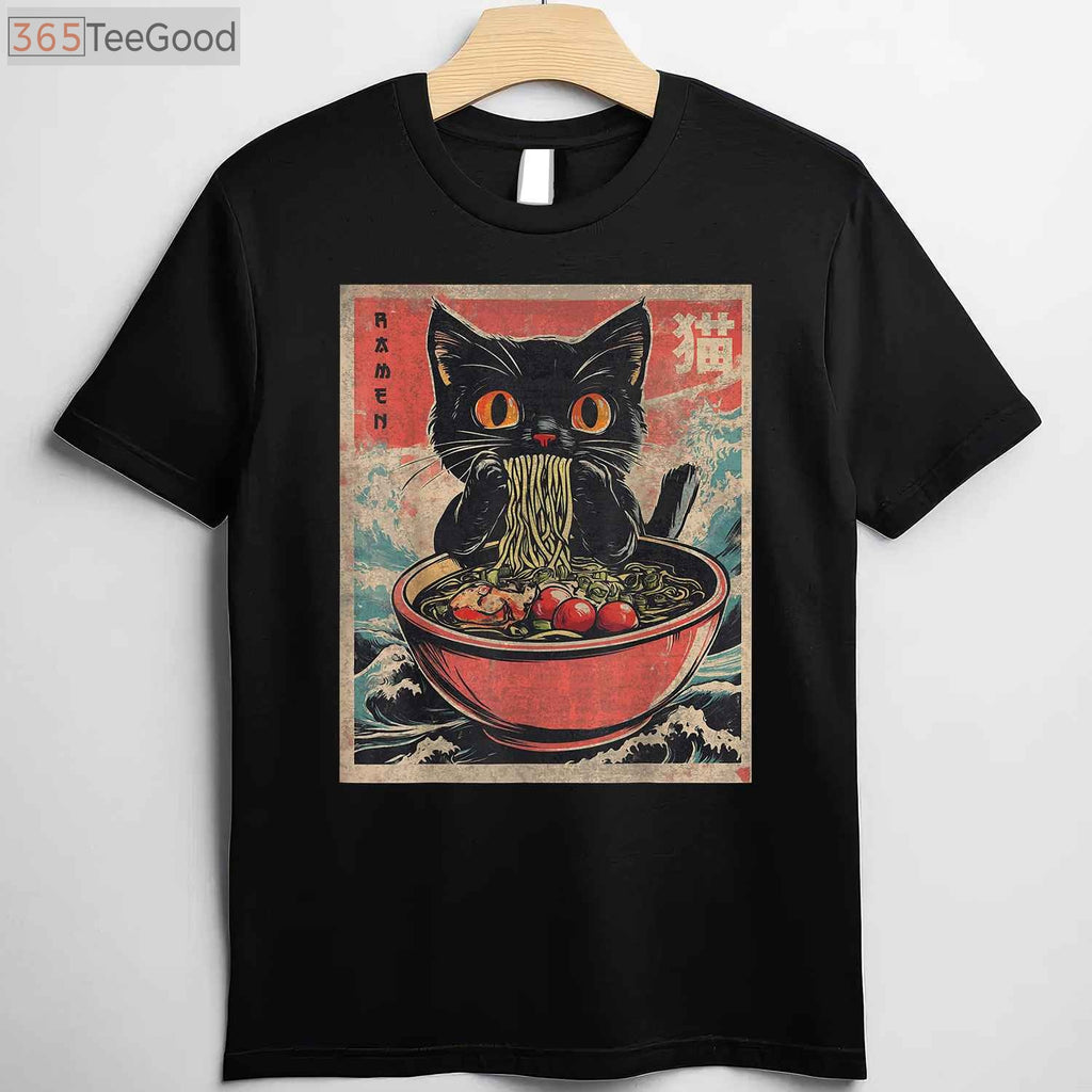 Kawaii Cat Ramen Japanese Anime T-Shirt - Funny Neko Graphic Tee