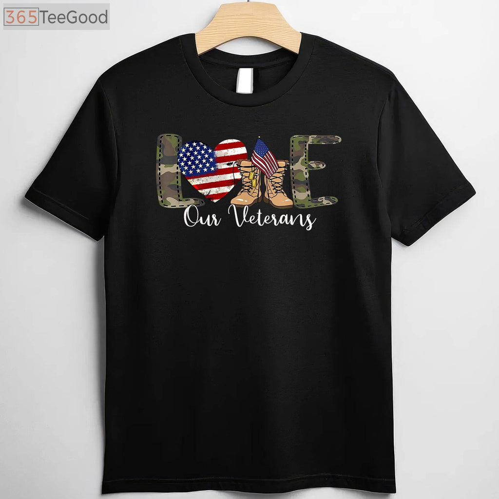 Love Our Veterans Proud Military T-Shirt - Patriotic American Flag Apparel