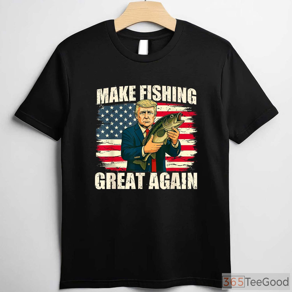 Make Fishing Great Again Patriotic Tee, Classic American Flag Fishing Apparel for Men