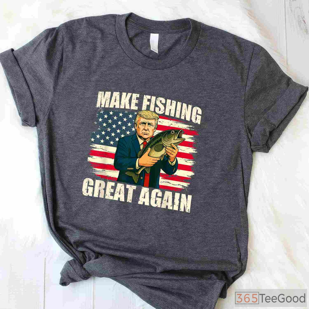Make Fishing Great Again Patriotic Tee, Classic American Flag Fishing Apparel for Men
