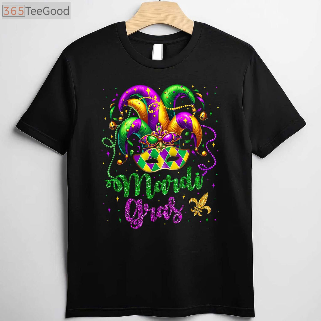 Mardi Gras Shirt for Women Men Kids, Beads Mask Feathers Hat Carnival T-Shirt