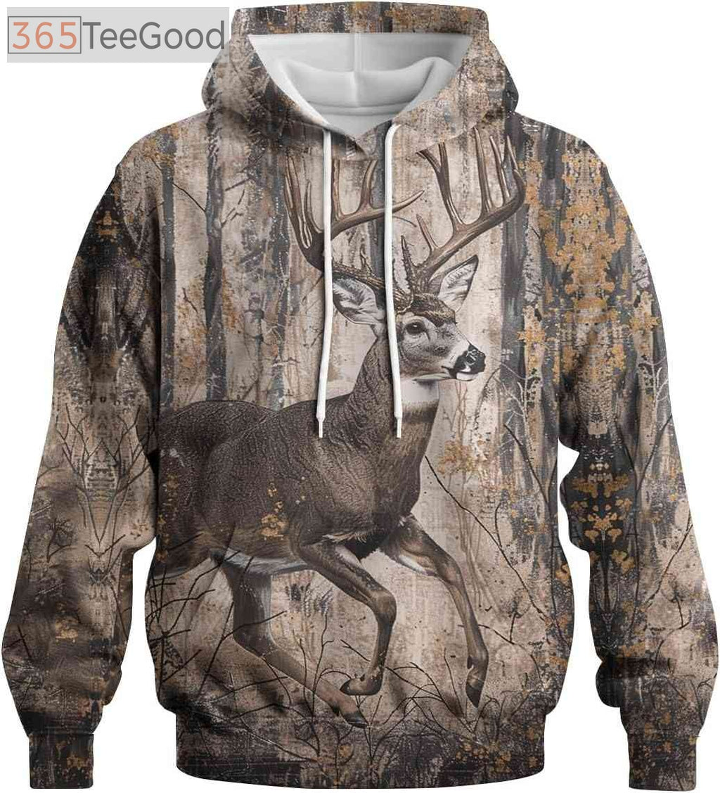Men’s Deer Camouflage 3D Hoodie – Novelty Animal Print Pullover Long Sleeve Sweatshirt