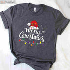 Merry Christmas Lights Red Santa Hat T-Shirt - Funny Family Xmas Pajama Top