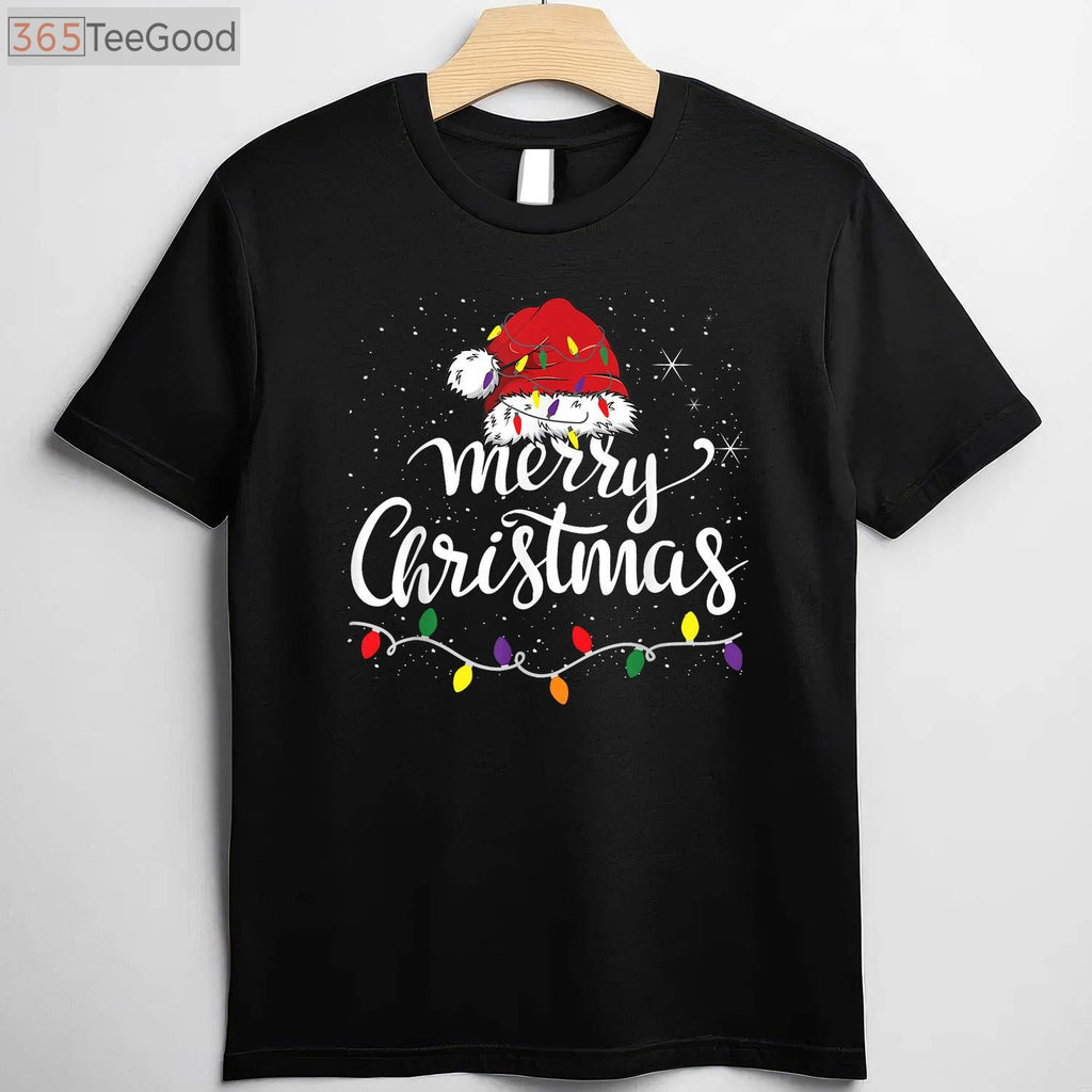 Merry Christmas Lights Red Santa Hat T-Shirt - Funny Family Xmas Pajama Top