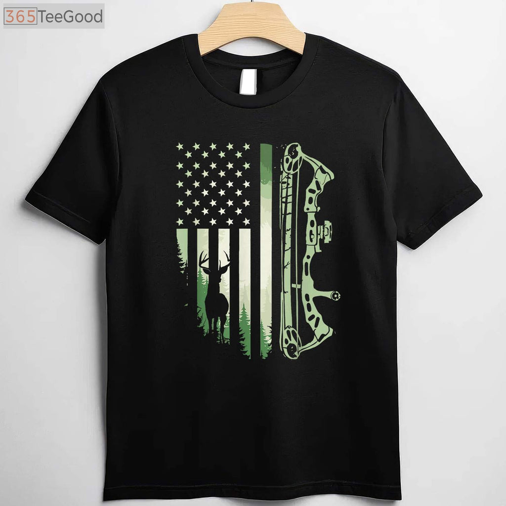 Patriotic American Flag Bowhunting Shirt, USA Archery and Deer Hunting Tee