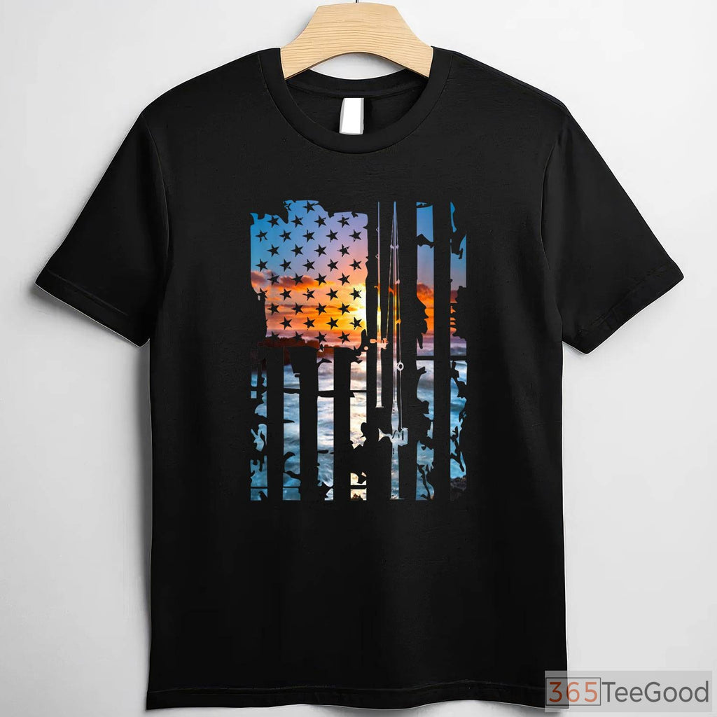 Patriotic US Flag American Fishing Shirt, Vintage USA Fisherman Graphic Tee
