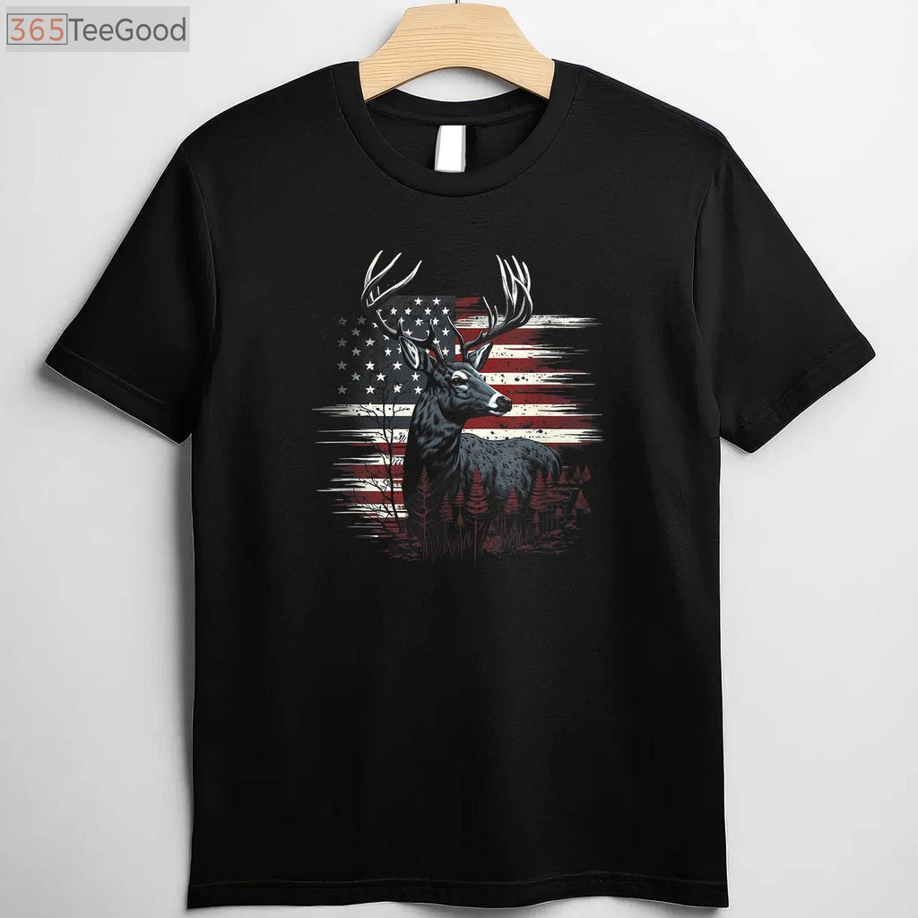 Patriotic Whitetail Deer Hunting T-Shirt, American Flag Antlers Buck Apparel