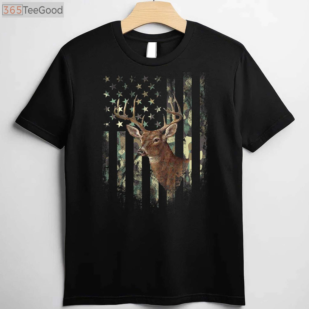Patriotic American Flag Deer Hunting Camo Tee, Military Style Hunter Shirt