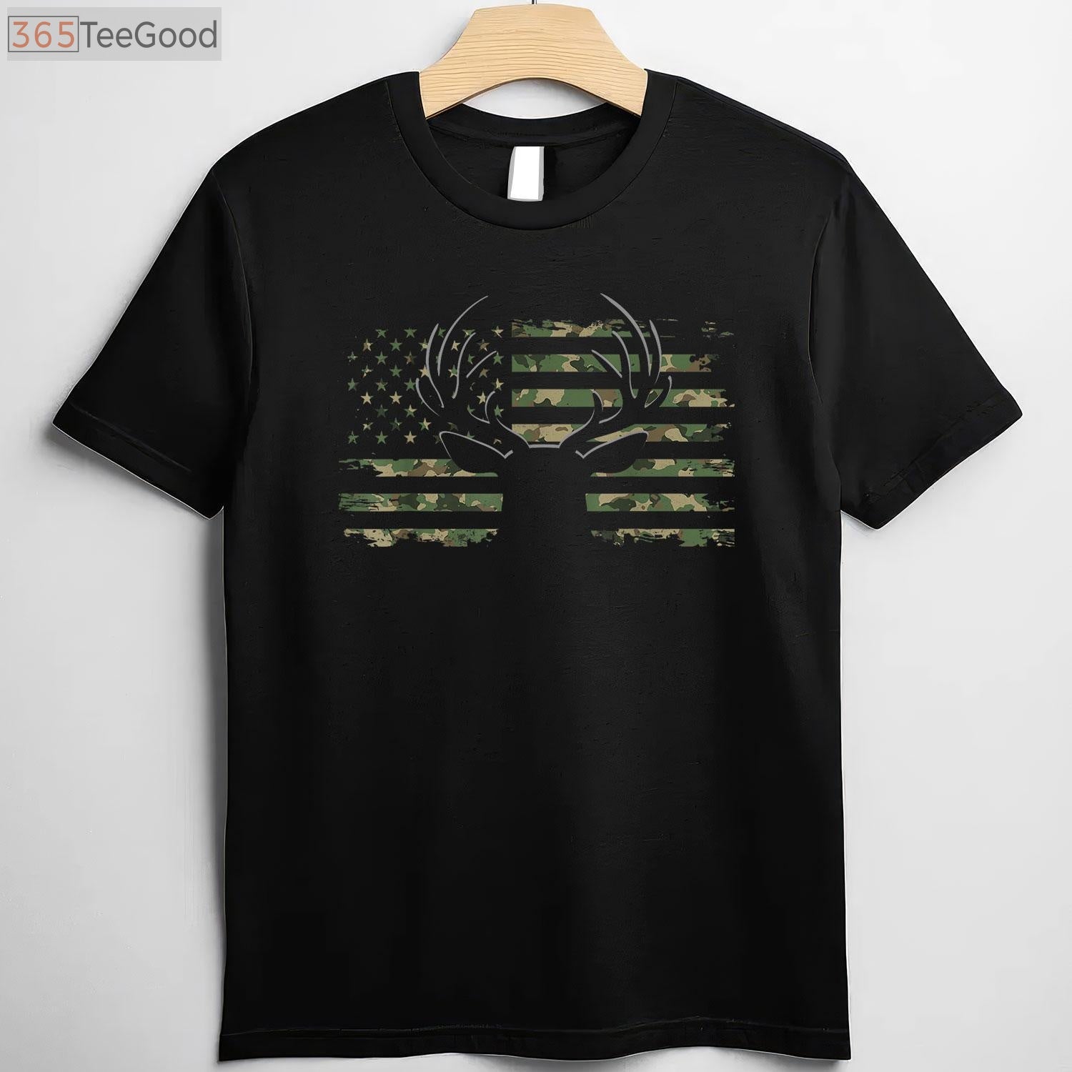 Patriotic Deer Hunting Camouflage T-Shirt, American Flag Antlers Graphic Tee