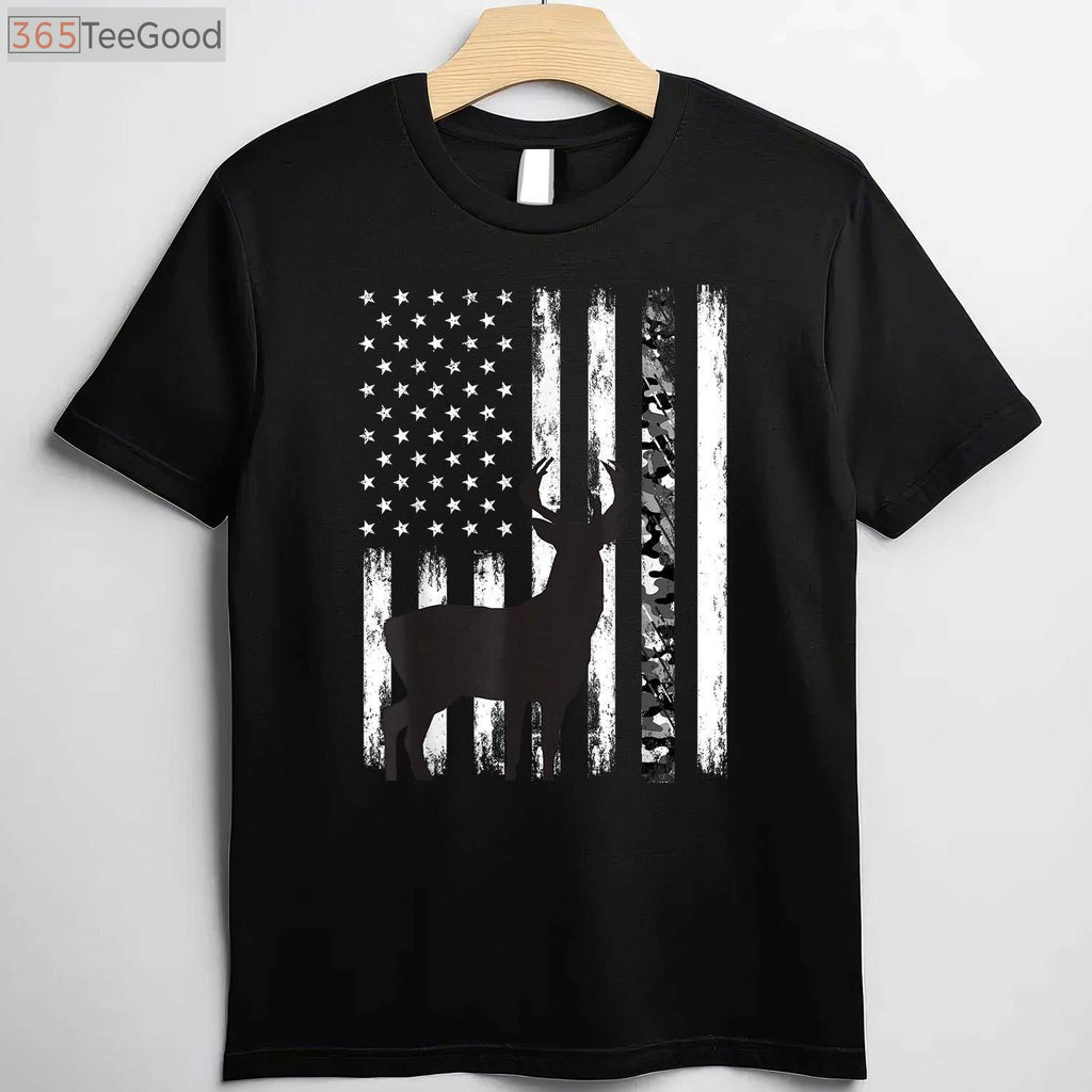 Patriotic Deer Hunting Graphic Tee, USA American Flag Camo Hunter Shirt