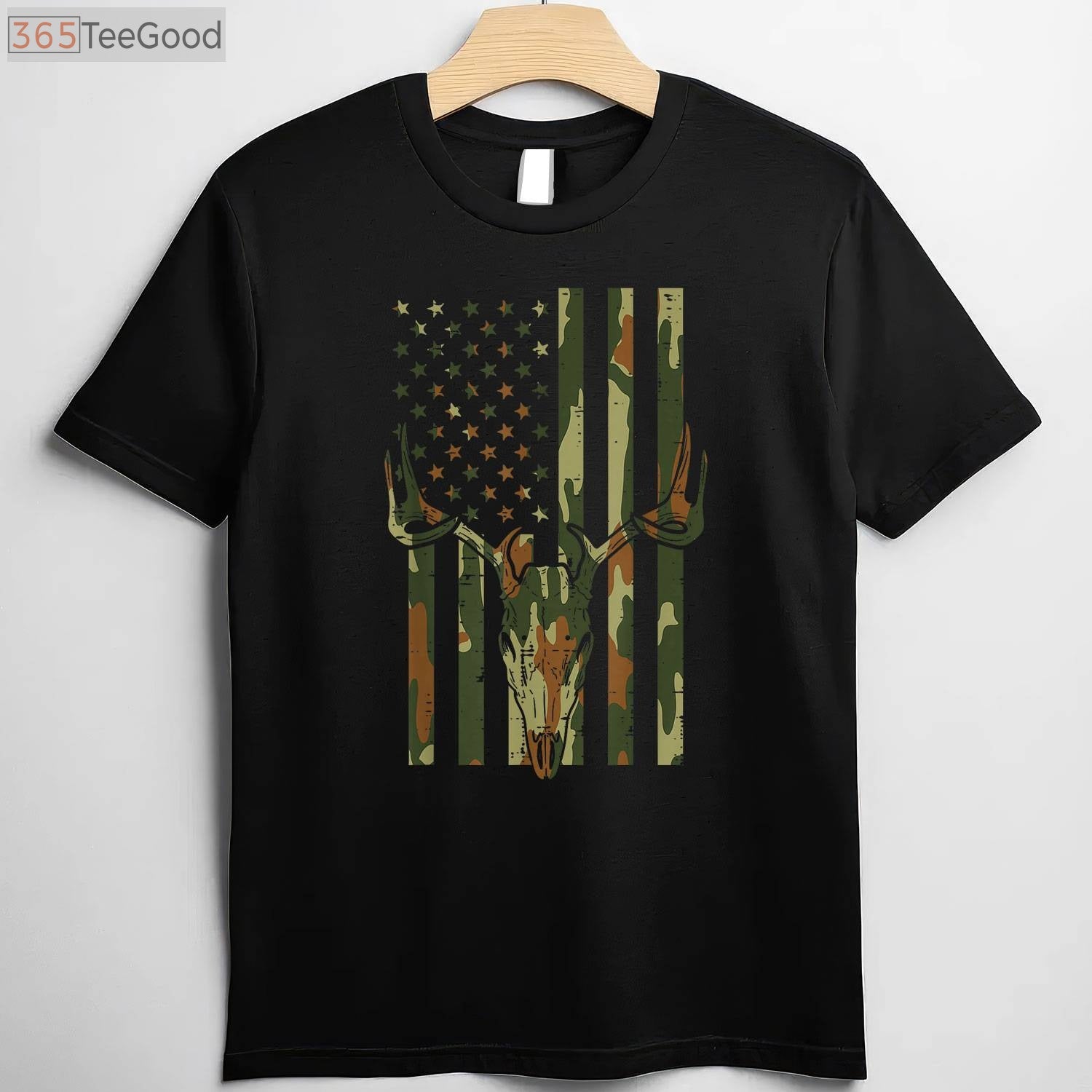 Patriotic US Flag Deer Skull Vintage Hunting Shirt, Best Camo Dad Gift
