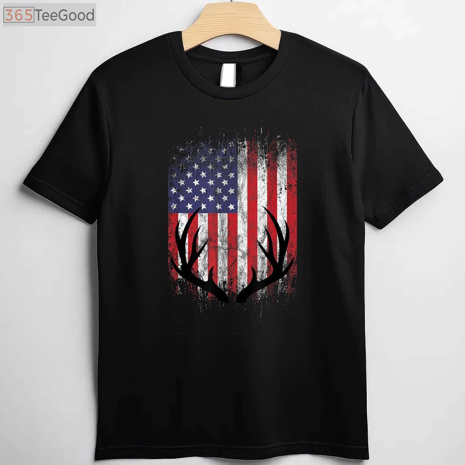 Patriotic Whitetail Deer Hunting Shirt, American Flag Buck Antlers Graphic