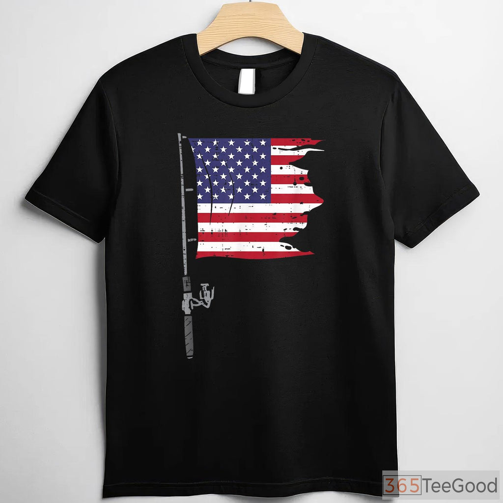 Patriotic 4th of July Fishing Rod American Flag Shirt - Men's Summer Angler Tee