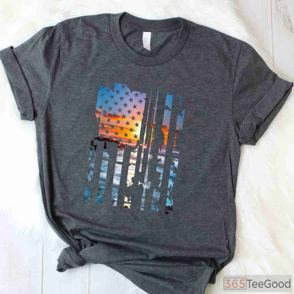 Patriotic US Flag American Fishing Shirt, Vintage USA Fisherman Graphic Tee
