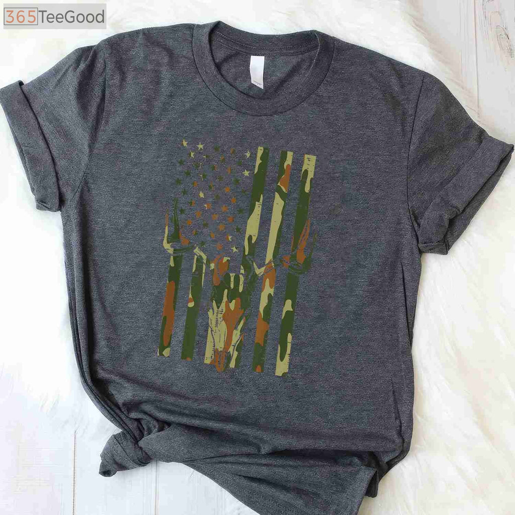 Patriotic US Flag Deer Skull Vintage Hunting Shirt, Best Camo Dad Gift