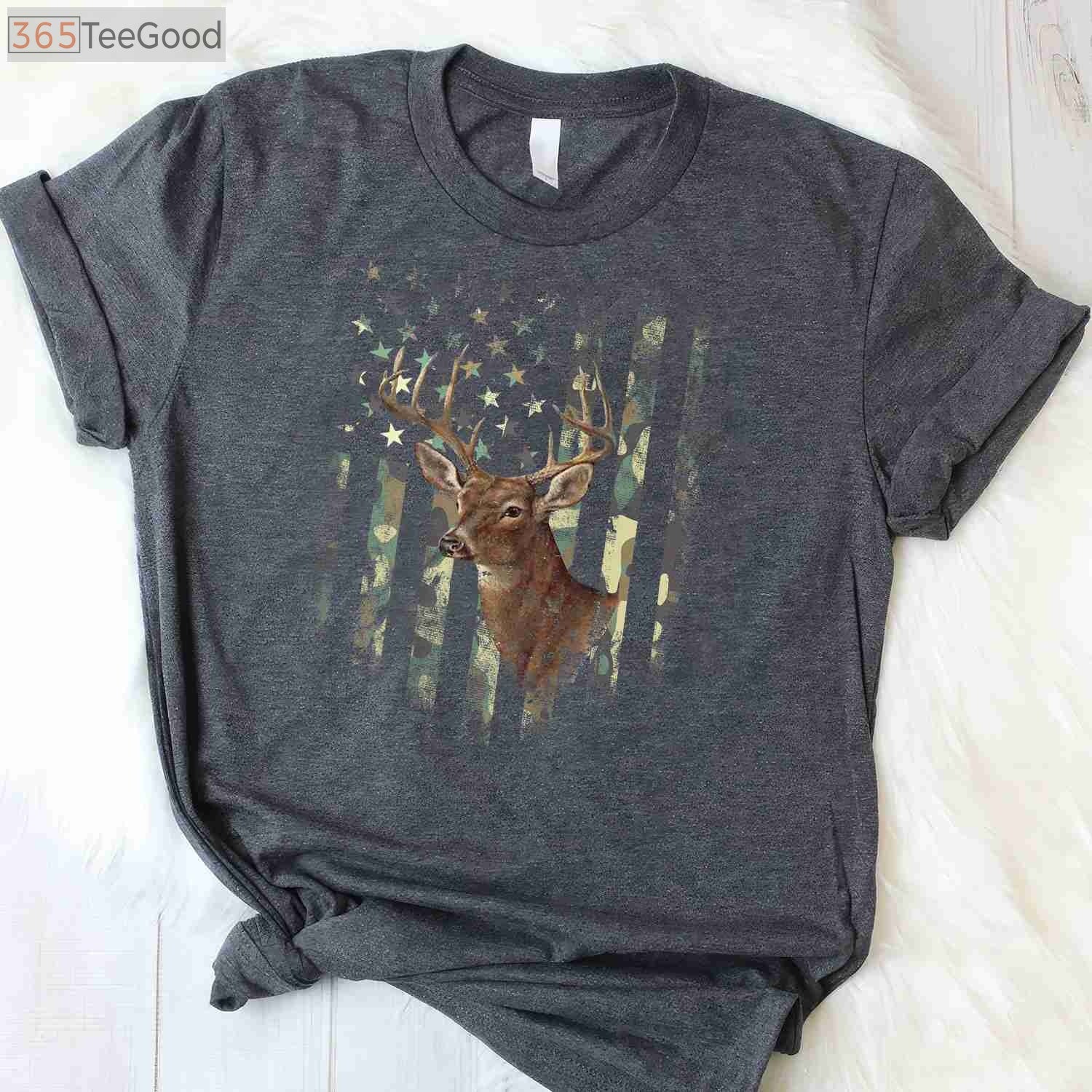 Patriotic American Flag Deer Hunting Camo Tee, Military Style Hunter Shirt