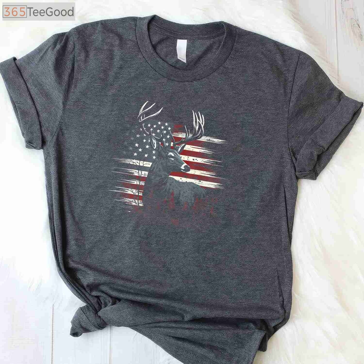 Patriotic Whitetail Deer Hunting T-Shirt, American Flag Antlers Buck Apparel