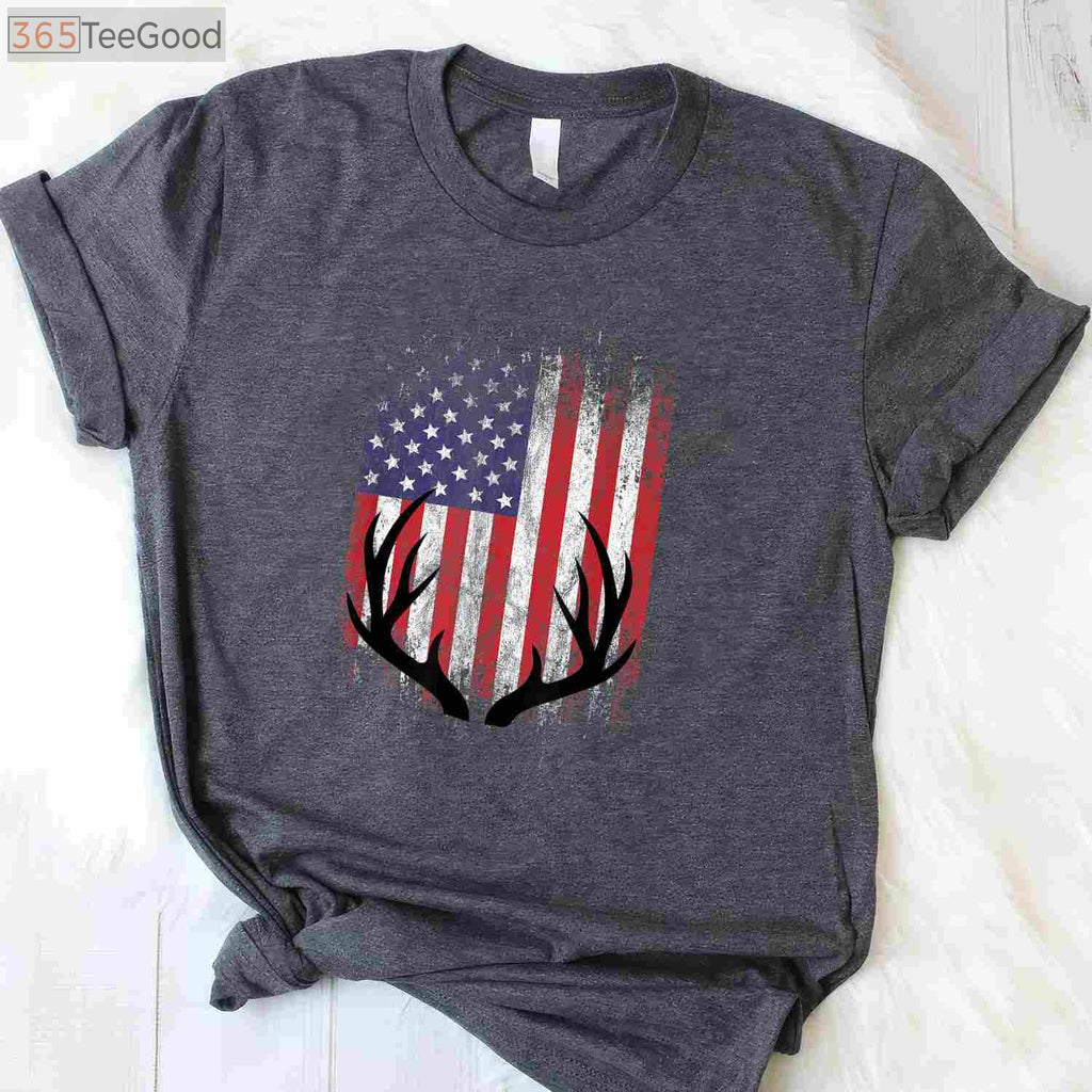 Patriotic Whitetail Deer Hunting Shirt, American Flag Buck Antlers Graphic