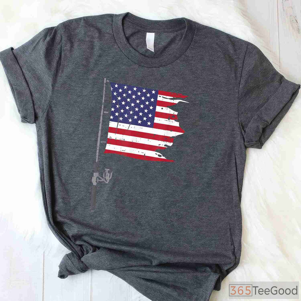 Patriotic 4th of July Fishing Rod American Flag Shirt - Men's Summer Angler Tee