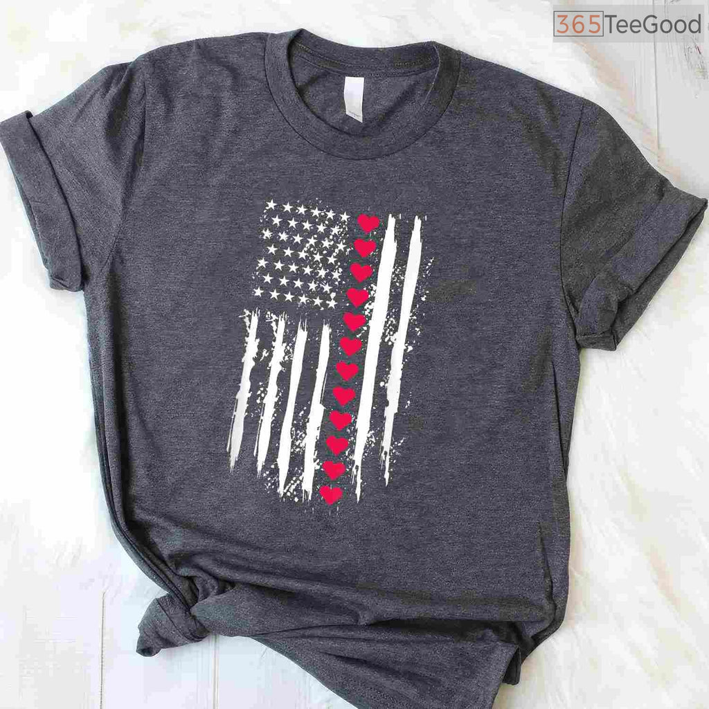 Patriotic US American Flag Heart T-Shirt, USA Pride Red White Blue Valentine Shirt for Country Lover