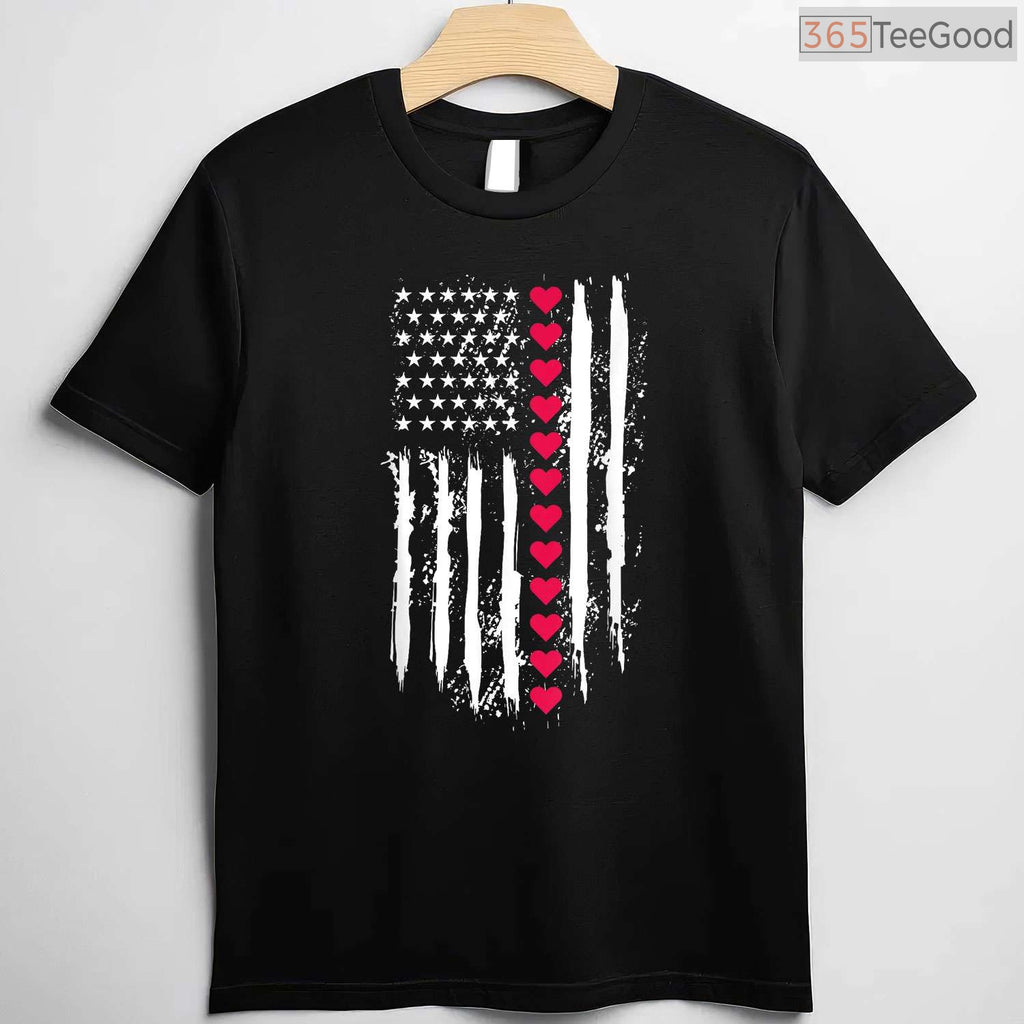 Patriotic US American Flag Heart T-Shirt, USA Pride Red White Blue Valentine Shirt for Country Lover