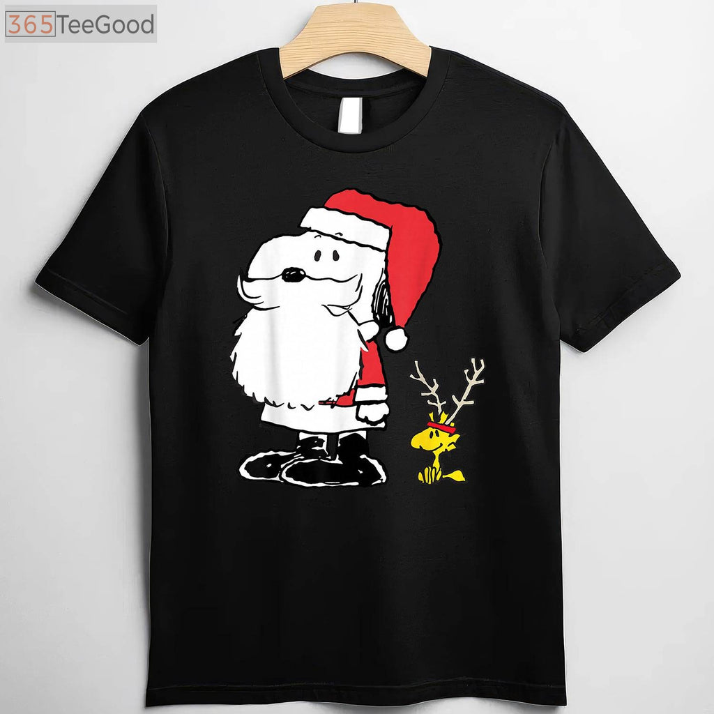Peanuts Holiday Snoopy Woodstock Antlers T-Shirt - Cute Christmas Santa Tee