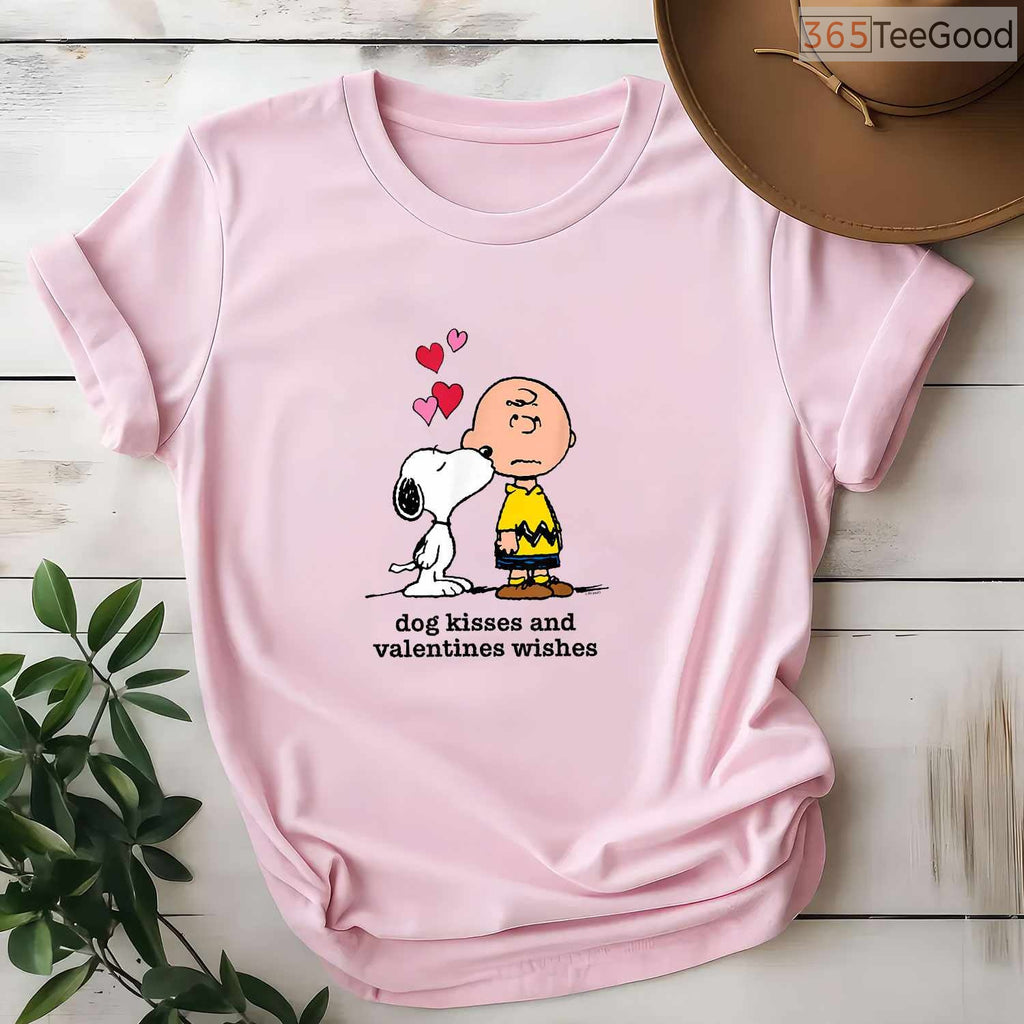 Peanuts Snoopy and Charlie Brown Dog Kisses T-Shirt, Cute Cartoon Valentine Wishes Shirt for Fans
