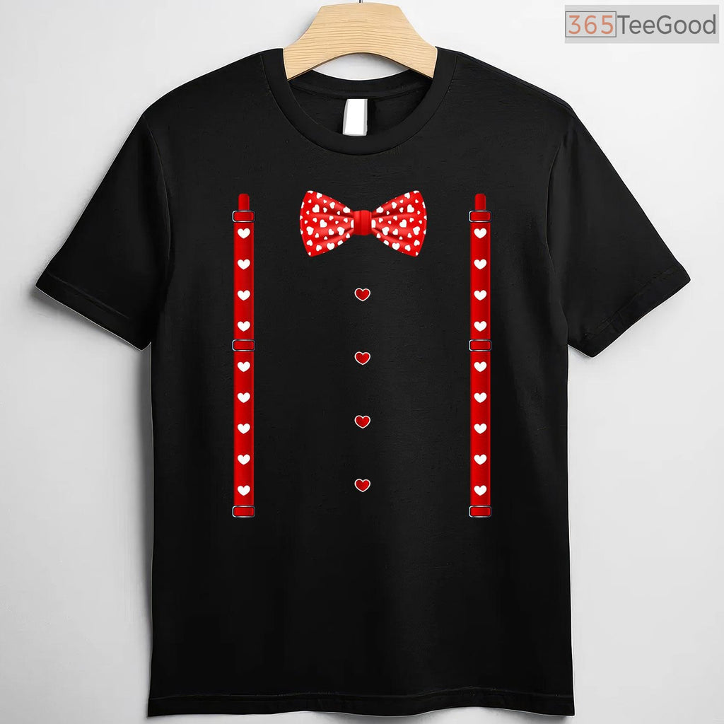 Red Hearts Bow Tie & Suspenders Faux Costume T-Shirt, Funny Valentine's Day Outfit Shirt for Boys