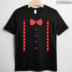 Red Hearts Bow Tie & Suspenders Faux Costume T-Shirt, Funny Valentine's Day Outfit Shirt for Boys