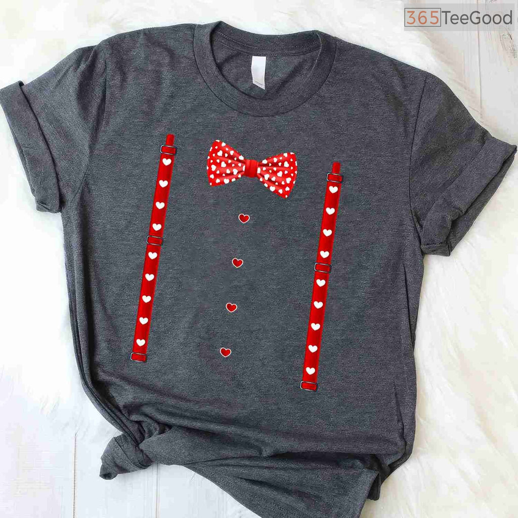Red Hearts Bow Tie & Suspenders Faux Costume T-Shirt, Funny Valentine's Day Outfit Shirt for Boys