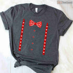 Red Hearts Bow Tie & Suspenders Faux Costume T-Shirt, Funny Valentine's Day Outfit Shirt for Boys