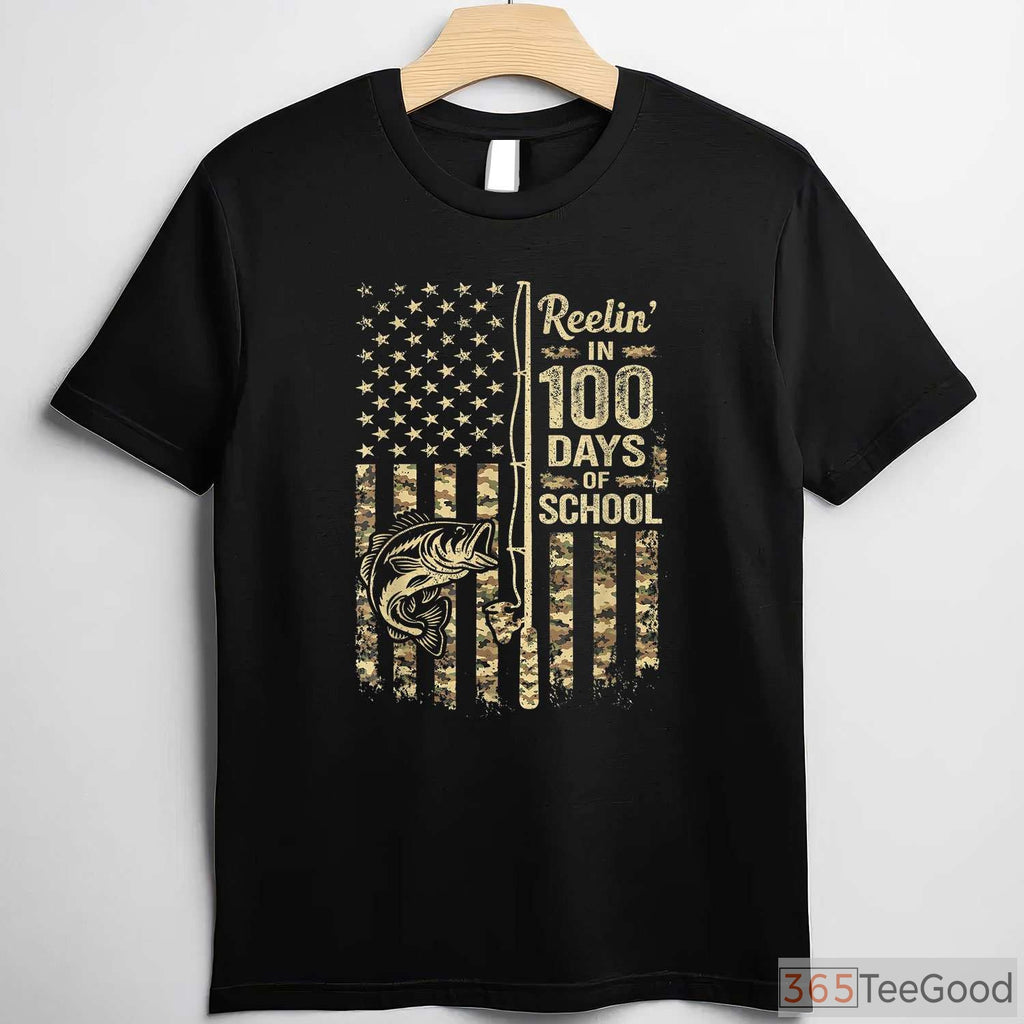 Reelin' in 100 Days of School Fishing Shirt, Fun Bass Fishing Youth Apparel