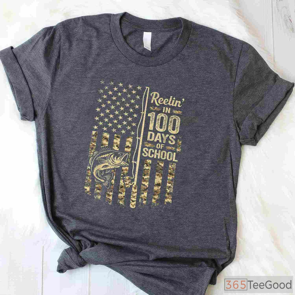 Reelin' in 100 Days of School Fishing Shirt, Fun Bass Fishing Youth Apparel