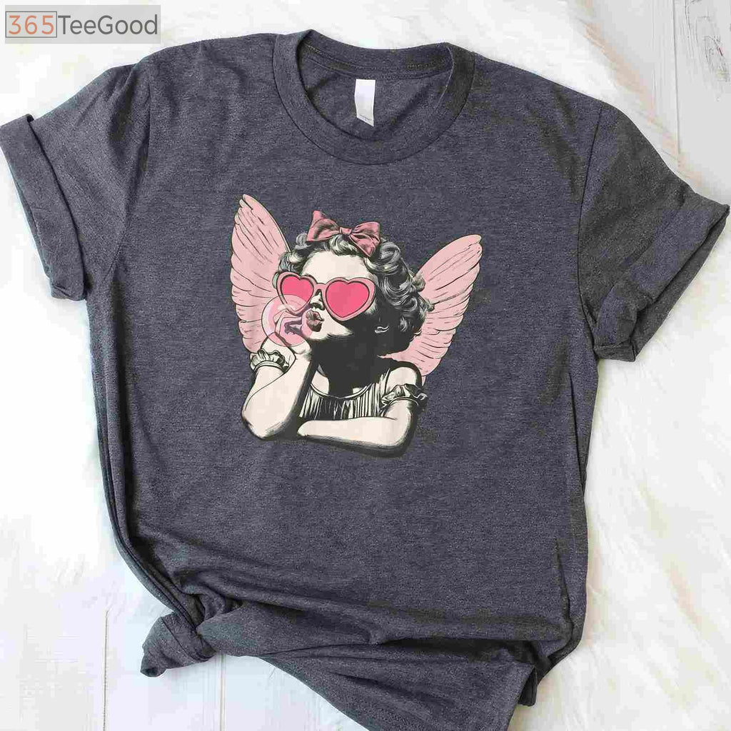 Retro Cupid Valentine’s Day T-Shirt - Vintage Cupid Blowing Bubble Gum Aesthetic