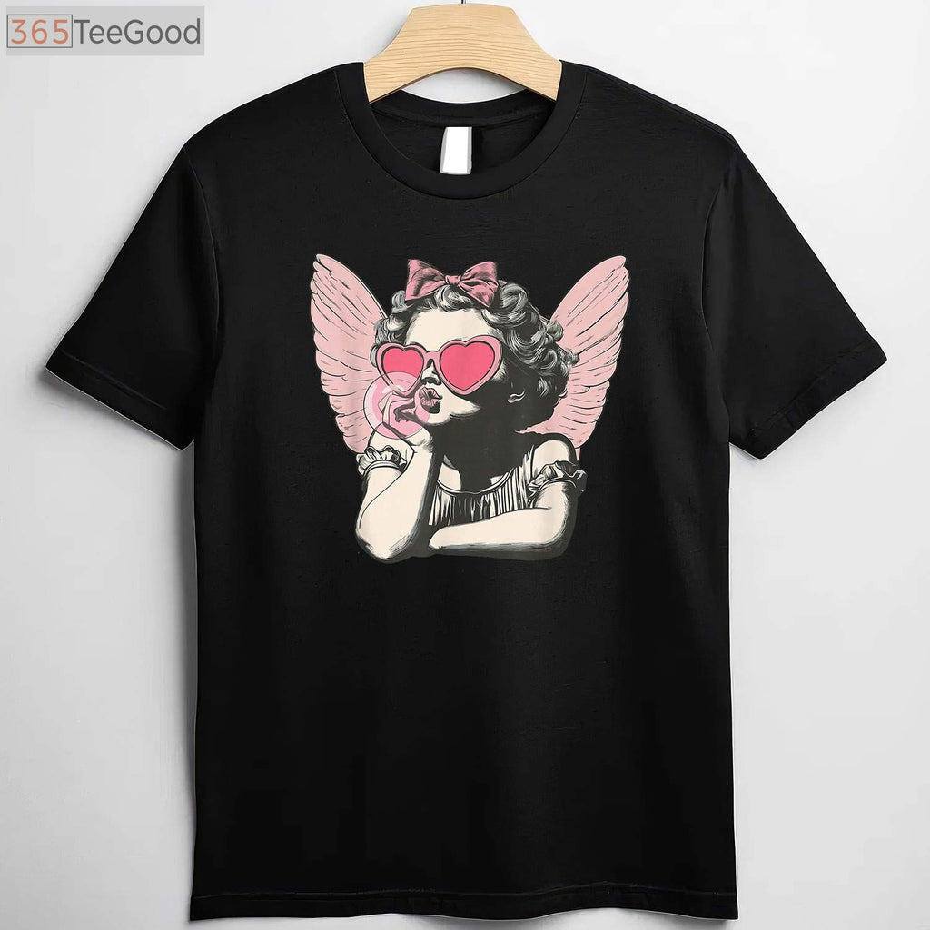 Retro Cupid Valentine’s Day T-Shirt - Vintage Cupid Blowing Bubble Gum Aesthetic
